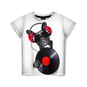 Детская футболка 3D с принтом DJ бульдог в Санкт-Петербурге, 100% гипоаллергенный полиэфир | прямой крой, круглый вырез горловины, длина до линии бедер, чуть спущенное плечо, ткань немного тянется | бульдог | винил | диджей | музыка | наушники | очки | пёс | пластинка | собака | юмор