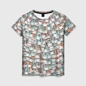 Женская футболка 3D с принтом Российские деньги в Санкт-Петербурге, 100% полиэфир ( синтетическое хлопкоподобное полотно) | прямой крой, круглый вырез горловины, длина до линии бедер | бабки | бабло | банк | банкнота | богатство | бумажный | купюры | куча | рубль