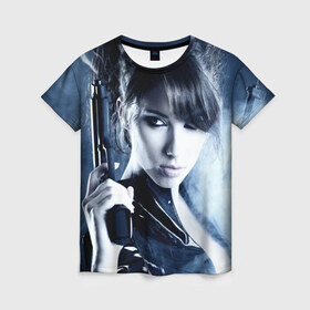 Женская футболка 3D с принтом Девушка с оружием в Санкт-Петербурге, 100% полиэфир ( синтетическое хлопкоподобное полотно) | прямой крой, круглый вырез горловины, длина до линии бедер | брюнетка | девушка | оружие | пистолет