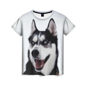 Женская футболка 3D с принтом Сибирский хаски в Санкт-Петербурге, 100% полиэфир ( синтетическое хлопкоподобное полотно) | прямой крой, круглый вырез горловины, длина до линии бедер | взгляд | голубые глаза | зима | сибирь | снег | собака | хаски | хаски бандит | холод