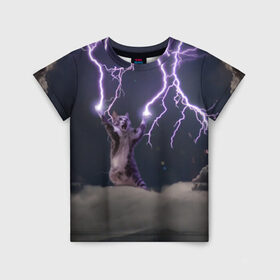 Детская футболка 3D с принтом Грозовой кошак в Санкт-Петербурге, 100% гипоаллергенный полиэфир | прямой крой, круглый вырез горловины, длина до линии бедер, чуть спущенное плечо, ткань немного тянется | lightning cat