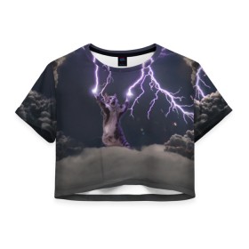 Женская футболка 3D укороченная с принтом Грозовой кошак в Санкт-Петербурге, 100% полиэстер | круглая горловина, длина футболки до линии талии, рукава с отворотами | lightning cat