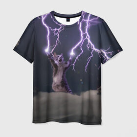Мужская футболка 3D с принтом Грозовой кошак в Санкт-Петербурге, 100% полиэфир | прямой крой, круглый вырез горловины, длина до линии бедер | lightning cat