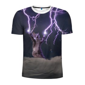 Мужская футболка 3D спортивная с принтом Грозовой кошак в Санкт-Петербурге, 100% полиэстер с улучшенными характеристиками | приталенный силуэт, круглая горловина, широкие плечи, сужается к линии бедра | Тематика изображения на принте: lightning cat