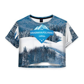 Женская футболка 3D укороченная с принтом Красная поляна в Санкт-Петербурге, 100% полиэстер | круглая горловина, длина футболки до линии талии, рукава с отворотами | горнолыжный курорт | горы | зима | красная поляна | лыжи | парк | роза хуторов | снег | сноутборд | сочи