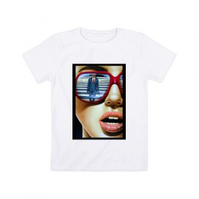 Детская футболка хлопок с принтом Девушка в очках в Санкт-Петербурге, 100% хлопок | круглый вырез горловины, полуприлегающий силуэт, длина до линии бедер | Тематика изображения на принте: губы | зеркало | костюм | очки