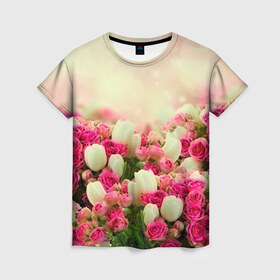 Женская футболка 3D с принтом Цветы в Санкт-Петербурге, 100% полиэфир ( синтетическое хлопкоподобное полотно) | прямой крой, круглый вырез горловины, длина до линии бедер | Тематика изображения на принте: розовый | розы | цветы | яркий