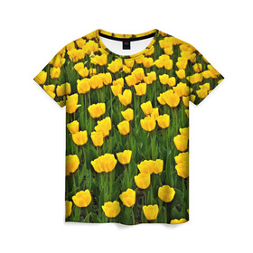 Женская футболка 3D с принтом Жёлтые тюльпаны в Санкт-Петербурге, 100% полиэфир ( синтетическое хлопкоподобное полотно) | прямой крой, круглый вырез горловины, длина до линии бедер | Тематика изображения на принте: поле | цветы | яркий