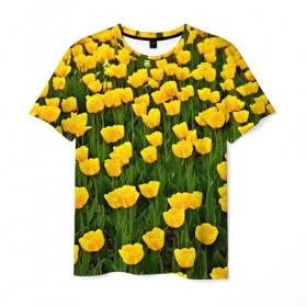 Мужская футболка 3D с принтом Жёлтые тюльпаны в Санкт-Петербурге, 100% полиэфир | прямой крой, круглый вырез горловины, длина до линии бедер | Тематика изображения на принте: поле | цветы | яркий