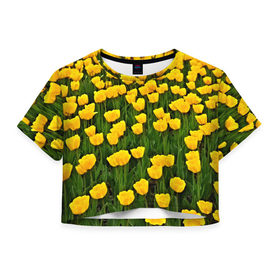 Женская футболка 3D укороченная с принтом Жёлтые тюльпаны в Санкт-Петербурге, 100% полиэстер | круглая горловина, длина футболки до линии талии, рукава с отворотами | поле | цветы | яркий