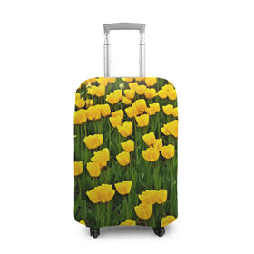 Чехол для чемодана 3D с принтом Жёлтые тюльпаны в Санкт-Петербурге, 86% полиэфир, 14% спандекс | двустороннее нанесение принта, прорези для ручек и колес | Тематика изображения на принте: поле | цветы | яркий