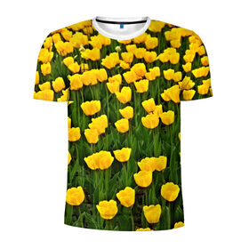 Мужская футболка 3D спортивная с принтом Жёлтые тюльпаны в Санкт-Петербурге, 100% полиэстер с улучшенными характеристиками | приталенный силуэт, круглая горловина, широкие плечи, сужается к линии бедра | Тематика изображения на принте: поле | цветы | яркий