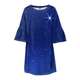 Детское платье 3D с принтом Звезда пленительного счастья в Санкт-Петербурге, 100% полиэстер | прямой силуэт, чуть расширенный к низу. Круглая горловина, на рукавах — воланы | Тематика изображения на принте: блеск | галактика | звёзды | космос | лучи | небо | ночь