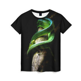Женская футболка 3D с принтом Змея на груди в Санкт-Петербурге, 100% полиэфир ( синтетическое хлопкоподобное полотно) | прямой крой, круглый вырез горловины, длина до линии бедер | гадюка | дерево | джунгли | зелёный змей | змея | кобра | природа | удав