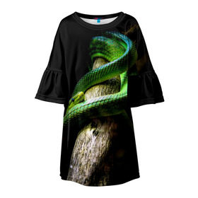 Детское платье 3D с принтом Змея на груди в Санкт-Петербурге, 100% полиэстер | прямой силуэт, чуть расширенный к низу. Круглая горловина, на рукавах — воланы | Тематика изображения на принте: гадюка | дерево | джунгли | зелёный змей | змея | кобра | природа | удав