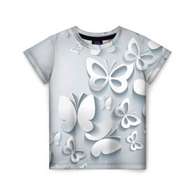 Детская футболка 3D с принтом Белоснежные бабочки в Санкт-Петербурге, 100% гипоаллергенный полиэфир | прямой крой, круглый вырез горловины, длина до линии бедер, чуть спущенное плечо, ткань немного тянется | бабочка | девушка | кружево. красота | нежность | полёт