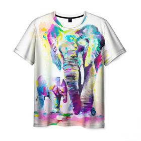 Мужская футболка 3D с принтом Слоны в Санкт-Петербурге, 100% полиэфир | прямой крой, круглый вырез горловины, длина до линии бедер | Тематика изображения на принте: animal | art | bright | child | color | elephants | family | mother | rainbow | spectrum | животные | искусство | мама | радуга | ребенок | семья | слоны | спектр | цвета | яркие