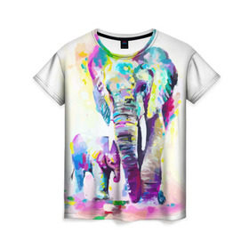 Женская футболка 3D с принтом Слоны в Санкт-Петербурге, 100% полиэфир ( синтетическое хлопкоподобное полотно) | прямой крой, круглый вырез горловины, длина до линии бедер | animal | art | bright | child | color | elephants | family | mother | rainbow | spectrum | животные | искусство | мама | радуга | ребенок | семья | слоны | спектр | цвета | яркие