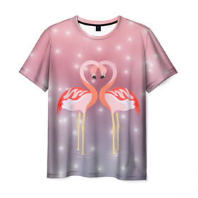 Мужская футболка 3D с принтом Влюбленные фламинго в Санкт-Петербурге, 100% полиэфир | прямой крой, круглый вырез горловины, длина до линии бедер | 14 февраля | день всех влюбленных | любовь | птицы | фламинго