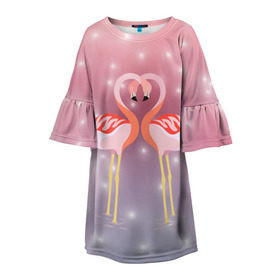 Детское платье 3D с принтом Влюбленные фламинго в Санкт-Петербурге, 100% полиэстер | прямой силуэт, чуть расширенный к низу. Круглая горловина, на рукавах — воланы | 14 февраля | день всех влюбленных | любовь | птицы | фламинго