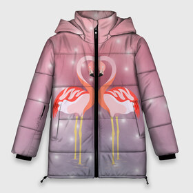 Женская зимняя куртка 3D с принтом Влюбленные фламинго в Санкт-Петербурге, верх — 100% полиэстер; подкладка — 100% полиэстер; утеплитель — 100% полиэстер | длина ниже бедра, силуэт Оверсайз. Есть воротник-стойка, отстегивающийся капюшон и ветрозащитная планка. 

Боковые карманы с листочкой на кнопках и внутренний карман на молнии | 14 февраля | день всех влюбленных | любовь | птицы | фламинго