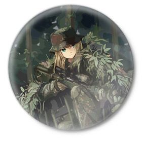 Значок с принтом Девушка с оружием в Санкт-Петербурге,  металл | круглая форма, металлическая застежка в виде булавки | anime | eyes | forest camouflage | girl | green | guns | japanese | rifle | sniper | аниме | винтовка | глаза | девушка | зеленые | камуфляж | лес | оружие | снайпер | японская