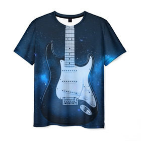 Мужская футболка 3D с принтом Космическая гитара в Санкт-Петербурге, 100% полиэфир | прямой крой, круглый вырез горловины, длина до линии бедер | fender | stratocaster | вселенная | галактика | гитра | космос | музыка | рок | рокнрол | стратокастер | туманность | фендер | электро | электрогитара