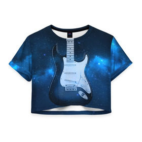 Женская футболка 3D укороченная с принтом Космическая гитара в Санкт-Петербурге, 100% полиэстер | круглая горловина, длина футболки до линии талии, рукава с отворотами | fender | stratocaster | вселенная | галактика | гитра | космос | музыка | рок | рокнрол | стратокастер | туманность | фендер | электро | электрогитара