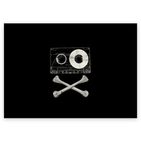 Поздравительная открытка с принтом Pirate Music в Санкт-Петербурге, 100% бумага | плотность бумаги 280 г/м2, матовая, на обратной стороне линовка и место для марки
 | 80s | 90s | bone | dance | disco | music | pirate | retro | skelet | skull | tape | диско | кассета | кости | музыка | пират | ретро | скелет | череп