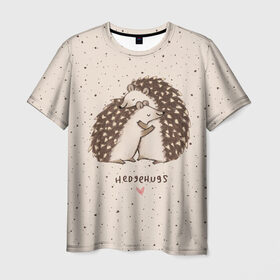 Мужская футболка 3D с принтом Влюбленные ежики в Санкт-Петербурге, 100% полиэфир | прямой крой, круглый вырез горловины, длина до линии бедер | amour | animal | beast | happy | heart | hedgehog | life | love | амур | влюбленность | ежик | животное | жизнь | зверь | любовь | объятья | радость | сердце | счастье