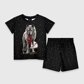 Детский костюм с шортами 3D с принтом Серый волк в Санкт-Петербурге,  |  | angry | animal | beast | heaven | moon | night | rage | sky | star | wild | wolf | волк | дикий | животное | звезды | зверь | злость | красная шапочка | луна | небеса | небо | ночь | сказка | ярость