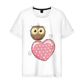 Мужская футболка хлопок с принтом Совёнок на сердце в Санкт-Петербурге, 100% хлопок | прямой крой, круглый вырез горловины, длина до линии бедер, слегка спущенное плечо. | Тематика изображения на принте: птицы