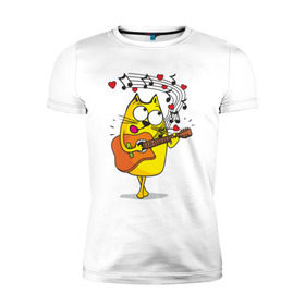 Мужская футболка премиум с принтом Кот с гитарой в Санкт-Петербурге, 92% хлопок, 8% лайкра | приталенный силуэт, круглый вырез ворота, длина до линии бедра, короткий рукав | cat | kitten | кoтенок | киса | кот | котик | котэ | котяра | кошечка