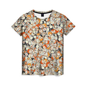 Женская футболка 3D с принтом Суши в Санкт-Петербурге, 100% полиэфир ( синтетическое хлопкоподобное полотно) | прямой крой, круглый вырез горловины, длина до линии бедер | sushi | деликатес | закуска | куча | рис | роллы | ролы | рыба | фастфуд | япония