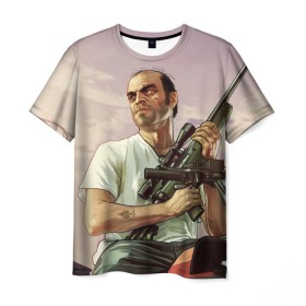 Мужская футболка 3D с принтом GTA 5 в Санкт-Петербурге, 100% полиэфир | прямой крой, круглый вырез горловины, длина до линии бедер | gta 5 | автоматы | игры | мужчины | трое 3