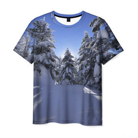 Мужская футболка 3D с принтом Зимний лес в Санкт-Петербурге, 100% полиэфир | прямой крой, круглый вырез горловины, длина до линии бедер | Тематика изображения на принте: времена года | ель | зима | леса | лучи света | природа | снег