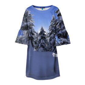 Детское платье 3D с принтом Зимний лес в Санкт-Петербурге, 100% полиэстер | прямой силуэт, чуть расширенный к низу. Круглая горловина, на рукавах — воланы | времена года | ель | зима | леса | лучи света | природа | снег