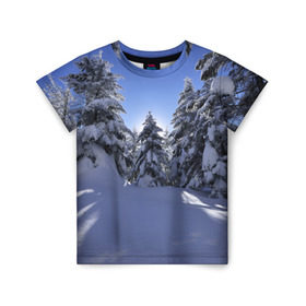 Детская футболка 3D с принтом Зимний лес в Санкт-Петербурге, 100% гипоаллергенный полиэфир | прямой крой, круглый вырез горловины, длина до линии бедер, чуть спущенное плечо, ткань немного тянется | времена года | ель | зима | леса | лучи света | природа | снег