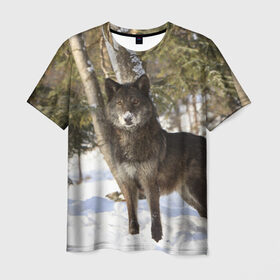 Мужская футболка 3D с принтом Король леса в Санкт-Петербурге, 100% полиэфир | прямой крой, круглый вырез горловины, длина до линии бедер | Тематика изображения на принте: волки | животные | зима | зимние | картинки | снег | фото