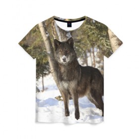 Женская футболка 3D с принтом Король леса в Санкт-Петербурге, 100% полиэфир ( синтетическое хлопкоподобное полотно) | прямой крой, круглый вырез горловины, длина до линии бедер | волки | животные | зима | зимние | картинки | снег | фото