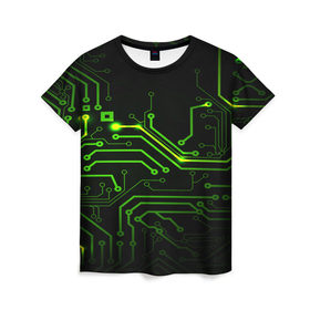 Женская футболка 3D с принтом Tehnology в Санкт-Петербурге, 100% полиэфир ( синтетическое хлопкоподобное полотно) | прямой крой, круглый вырез горловины, длина до линии бедер | Тематика изображения на принте: зеленый | микросхема | черный