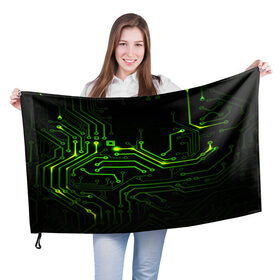 Флаг 3D с принтом Tehnology в Санкт-Петербурге, 100% полиэстер | плотность ткани — 95 г/м2, размер — 67 х 109 см. Принт наносится с одной стороны | зеленый | микросхема | черный