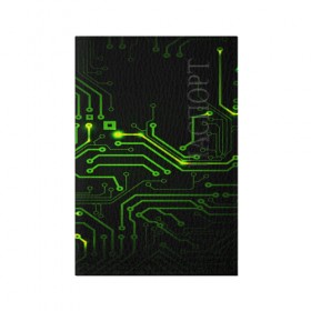 Обложка для паспорта матовая кожа с принтом Tehnology в Санкт-Петербурге, натуральная матовая кожа | размер 19,3 х 13,7 см; прозрачные пластиковые крепления | зеленый | микросхема | черный