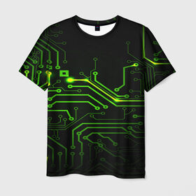 Мужская футболка 3D с принтом Tehnology в Санкт-Петербурге, 100% полиэфир | прямой крой, круглый вырез горловины, длина до линии бедер | Тематика изображения на принте: зеленый | микросхема | черный