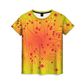Женская футболка 3D с принтом Нано Технологии в Санкт-Петербурге, 100% полиэфир ( синтетическое хлопкоподобное полотно) | прямой крой, круглый вырез горловины, длина до линии бедер | желтый | кибер | микросхема | оранжевый