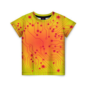 Детская футболка 3D с принтом Нано Технологии в Санкт-Петербурге, 100% гипоаллергенный полиэфир | прямой крой, круглый вырез горловины, длина до линии бедер, чуть спущенное плечо, ткань немного тянется | Тематика изображения на принте: желтый | кибер | микросхема | оранжевый