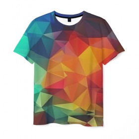Мужская футболка 3D с принтом Цветные полигоны в Санкт-Петербурге, 100% полиэфир | прямой крой, круглый вырез горловины, длина до линии бедер | абстракция | бумага | геометрия | грани | изгиб | линии | оптические | полигоны | полосы | постель | розовый | сочетания | текстура | треугольники