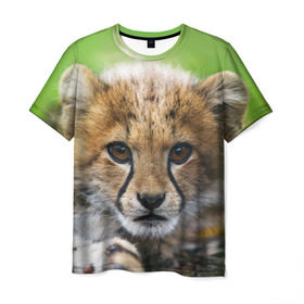 Мужская футболка 3D с принтом Котёнок гепарда в Санкт-Петербурге, 100% полиэфир | прямой крой, круглый вырез горловины, длина до линии бедер | гепард | дикая кошка | котёнок | кошка | лев | природа | тигр | хищник | ягуар