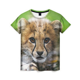 Женская футболка 3D с принтом Котёнок гепарда в Санкт-Петербурге, 100% полиэфир ( синтетическое хлопкоподобное полотно) | прямой крой, круглый вырез горловины, длина до линии бедер | гепард | дикая кошка | котёнок | кошка | лев | природа | тигр | хищник | ягуар