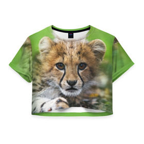 Женская футболка 3D укороченная с принтом Котёнок гепарда в Санкт-Петербурге, 100% полиэстер | круглая горловина, длина футболки до линии талии, рукава с отворотами | гепард | дикая кошка | котёнок | кошка | лев | природа | тигр | хищник | ягуар